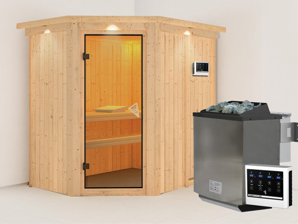 Sauna Systemsauna Carin mit Dachkranz, inkl. 9 kW Bio-Ofen mit externer Steuerung