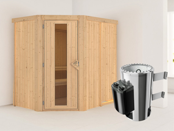 Sauna Systemsauna Saja Energiespartür + Plug &amp; Play Saunaofen mit Steuerung