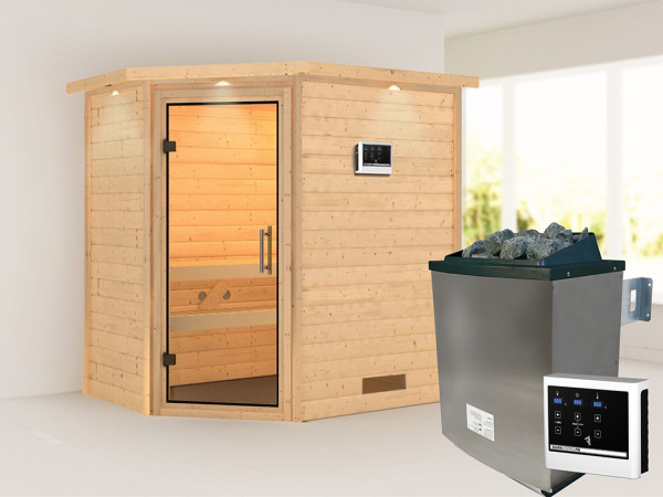Sauna Massivholzsauna Svea mit Dachkranz, inkl. 9 kW Ofen mit externer Steuerung