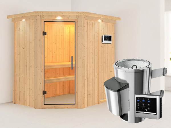 Sauna Systemsauna Saja mit Dachkranz, Klarglas Ganzglastür + Plug & Play Saunaofen mit ext. Strg