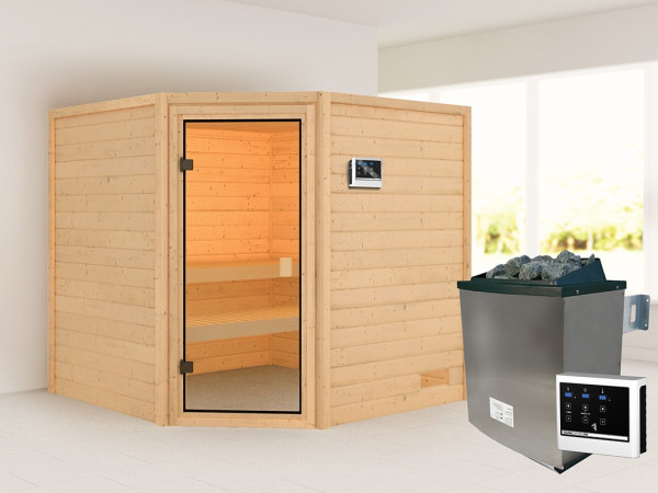Sauna Tilda mit bronzierter Glastür + 9 kW Saunaofen ext. Strg.