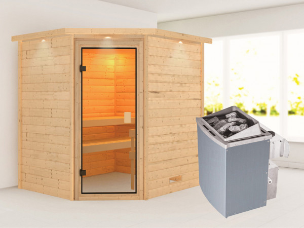 Sauna Massivholzsauna Mia mit Dachkranz, inkl. 9 kW Ofen mit integrierter Steuerung