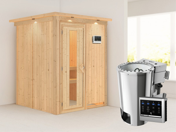 Sauna Systemsauna Minja mit Dachkranz, Energiespartür + Plug & Play Bio-Ofen mit ext. Steuerung