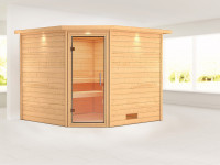 Sauna Massivholzsauna Leona mit Dachkranz, Klarglas Ganzglastür