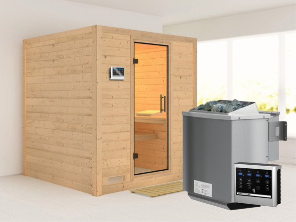 Sauna Massivholzsauna Mojave Klarglas Ganzglastür + 9 kW Bio-Kombiofen mit ext.Strg