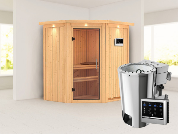 Sauna Systemsauna Tonja mit Dachkranz, Klarglas Ganzglastür + Plug &amp; Play Bio-Ofen mit externer Steu