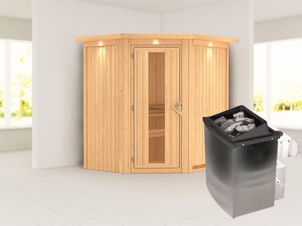 Sauna Systemsauna Taurin mit Dachkranz, inkl. 9 kW Ofen mit integrierter Steuerung
