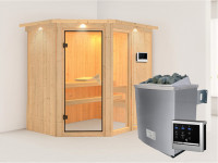 Sauna Systemsauna Fiona 1 mit Dachkranz, inkl. 9 kW Saunaofen ext. Steuerung