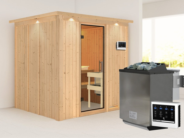 Sauna Systemsauna Sodin mit Dachkranz, inkl. 9 kW Bio-Ofen mit externer Steuerung