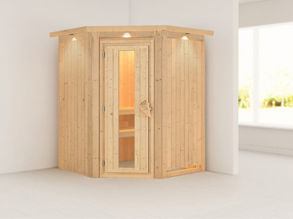 Sauna Systemsauna Nanja mit Dachkranz, Energiespartür
