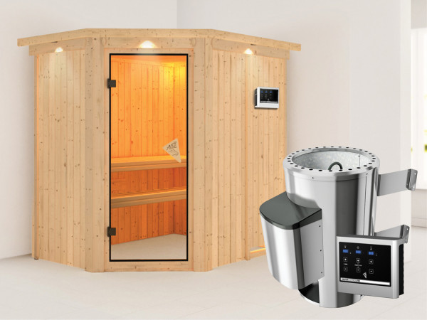 Sauna Systemsauna Saja mit Dachkranz, inkl. Plug & Play Saunaofen externe Steuerung