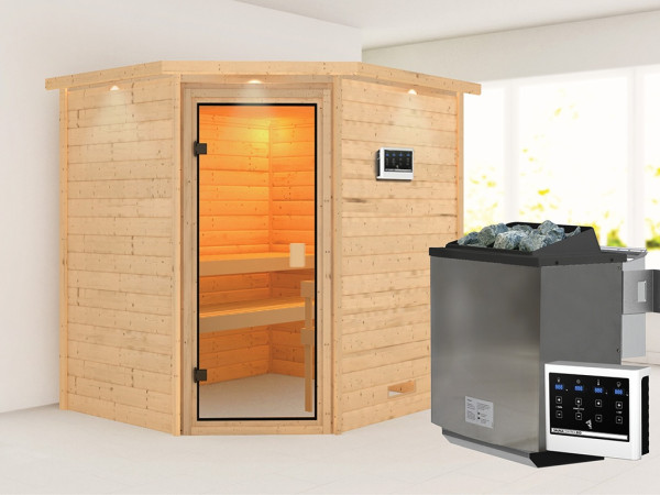 Sauna Elea mit bronzierter Glastür und Dachkranz + 9 kW Bio-Kombiofen ext. Strg.
