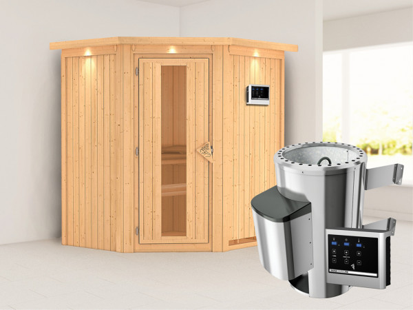 Sauna Systemsauna Tonja mit Dachkranz, Energiespartür + Plug & Play Saunaofen mit ext. Steuerung
