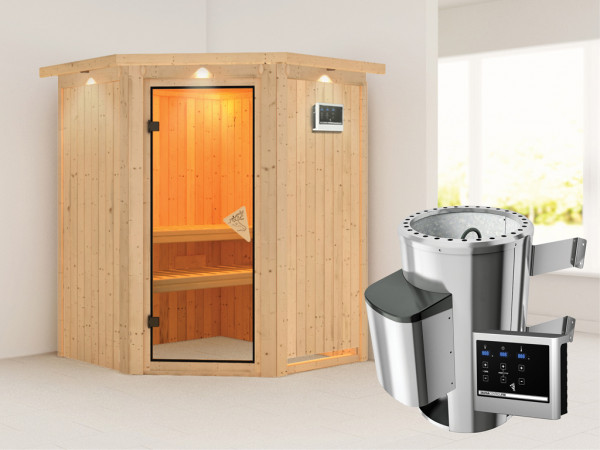 Sauna Systemsauna Nanja mit Dachkranz, inkl. Plug & Play Saunaofen externe Steuerung