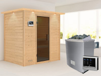 Sauna Massivholzsauna Sonja mit Dachkranz, inkl. 4,5 kW Bio-Ofen mit externer Steuerung