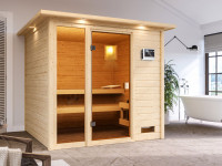 Sauna Jutta mit bronzierter Glastür und Dachkranz + 9 kW Bio-Kombiofen ext. Strg.