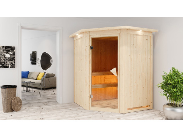 Sauna Systemsauna Larin mit Dachkranz, inkl. 9 kW Ofen mit integrierter Steuerung