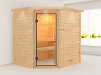 Sauna Massivholzsauna Mia mit Dachkranz, inkl. 4,5 kW Ofen mit integrierter Steuerung