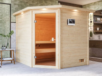 Sauna Massivholzsauna Tilda mit Dachkranz, inkl. 4,5 kW Bio-Ofen mit externer Steuerung