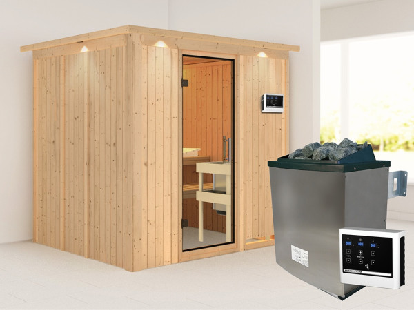 Sauna Systemsauna Sodin mit Dachkranz, inkl. 9 kW Ofen mit externer Steuerung