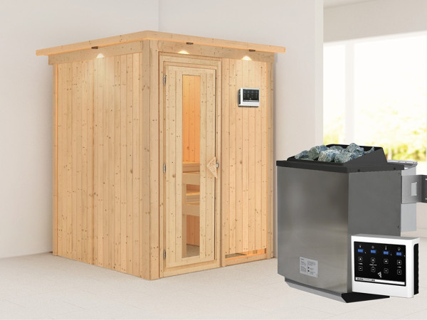 Sauna Systemsauna Norin mit Dachkranz, inkl. 9 kW Bio-Ofen mit externer Steuerung