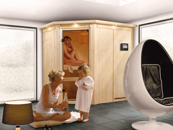 Sauna Systemsauna Saja mit Dachkranz, inkl. Plug & Play Bio-Ofen externe Steuerung