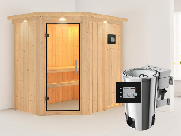 Sauna Systemsauna Saja mit Dachkranz, Klarglas Ganzglastür + Plug & Play Bio-Ofen mit ext. Strg.