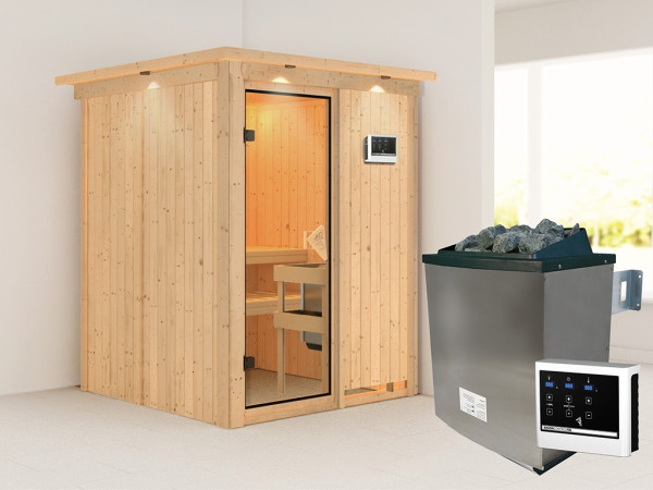 Sauna Systemsauna Norin mit Dachkranz, inkl. 9 kW Ofen mit externer Steuerung