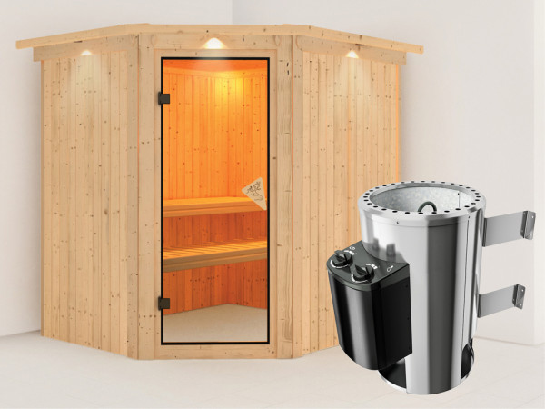 Sauna Systemsauna Plug & Play Lilja mit Dachkranz, inkl. 3,6 kW Saunaofen integr. Steuerung