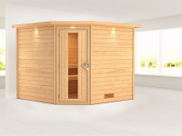 Sauna Massivholzsauna Leona mit Dachkranz, Holztür mit Isolierverglasung