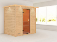 Sauna Massivholzsauna Sonja mit Dachkranz, inkl. 4,5 kW Ofen mit integrierter Steuerung