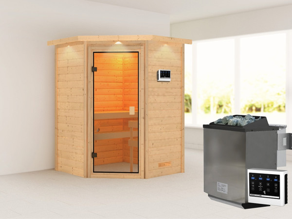 Sauna Massivholzsauna Antonia mit Dachkranz, inkl. 9 kW Bio-Ofen mit externer Steuerung