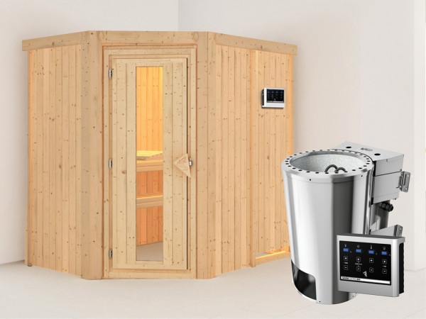Sauna Systemsauna Saja Energiespartür + Plug &amp; Play Bio-Ofen mit ext. Steuerung